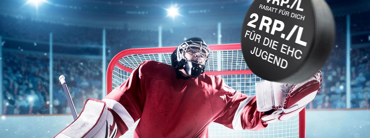 Eishockey-Goalie fängt Pug mit Beschriftung des Tank-Rabatts und Unterstützung für die EHC-Jugend