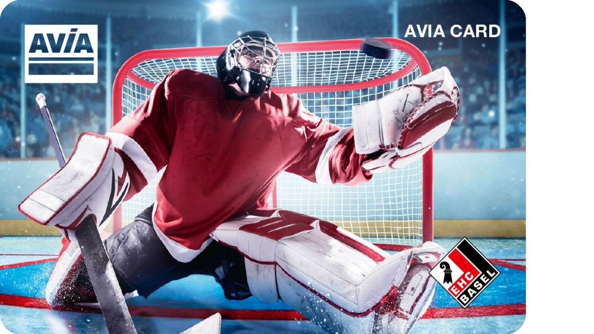 Die AVIA-Tankkarte mit dem EHC Basel-Sujet mit Eishockey-Torhüter, der den Pug fängt
